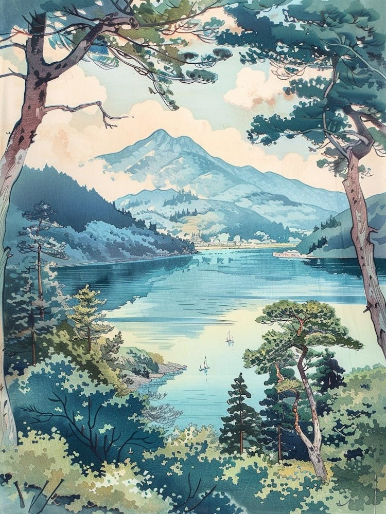 Hakone Japan 4 Retro Illustration