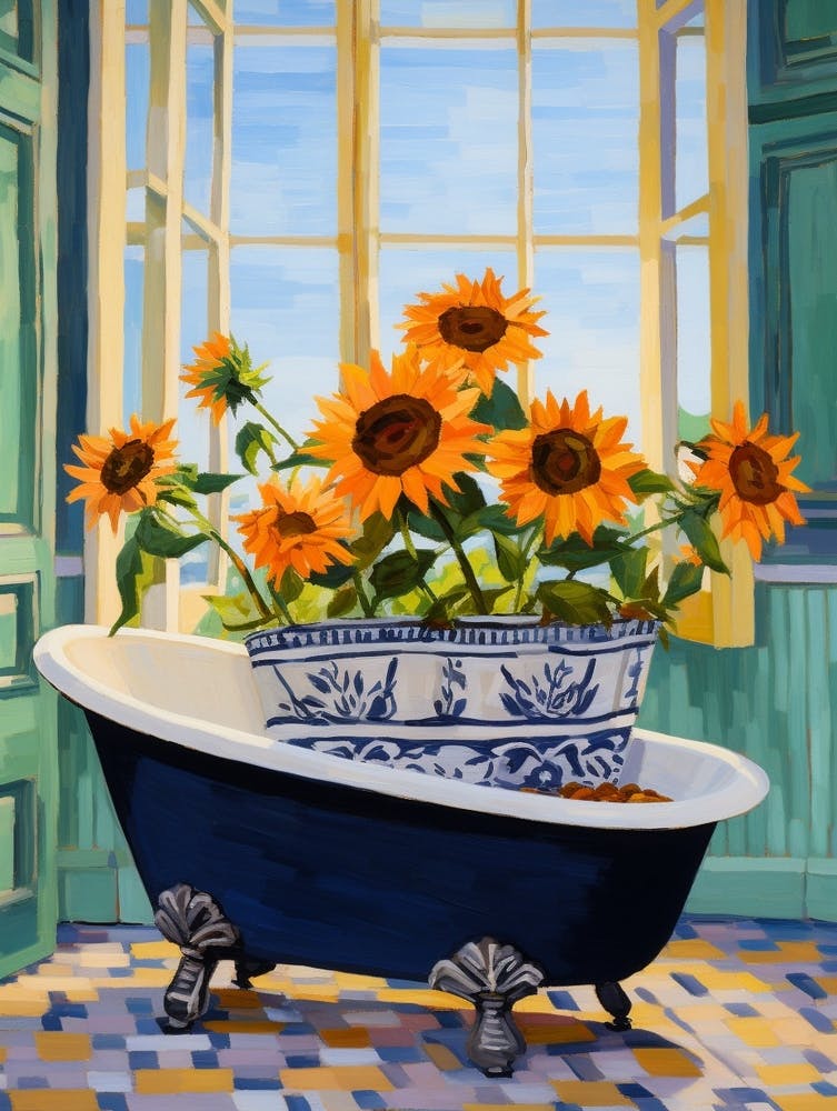 Eine Badewanne voller Sonnenblumen in einem Badezimmer 4