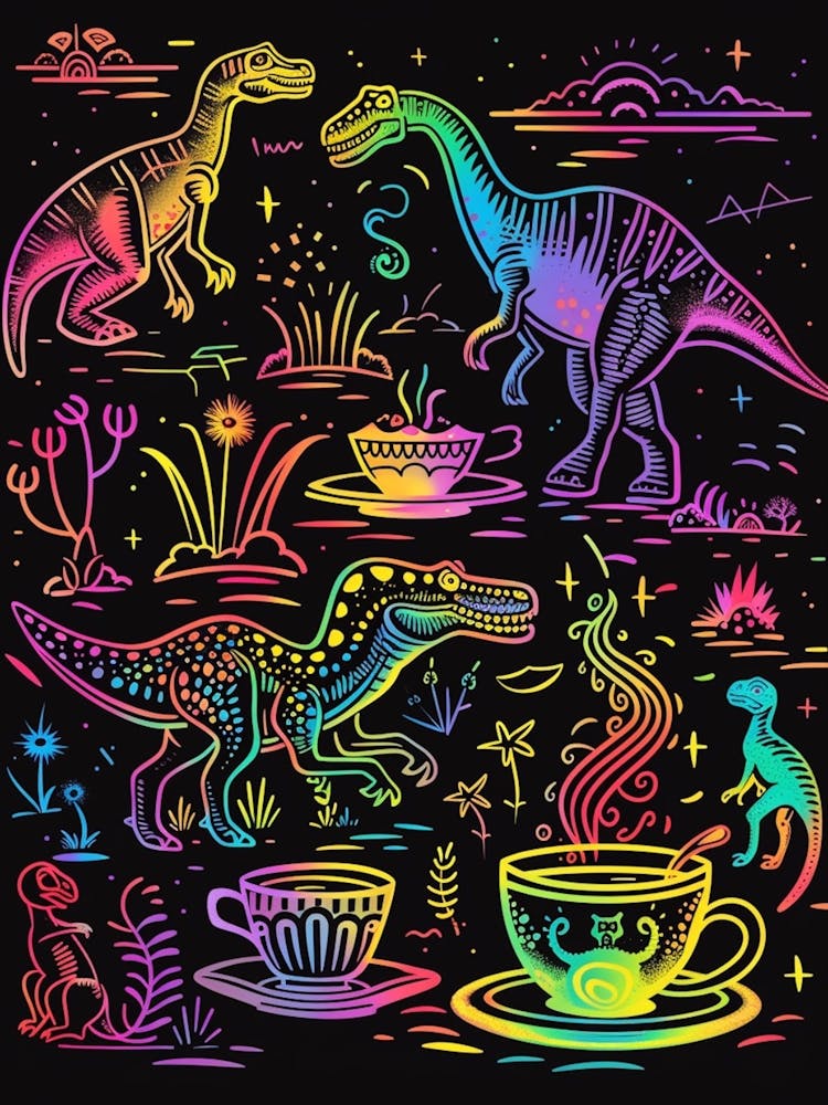 Neon Dinosaur Rainbow Illustration With Tea