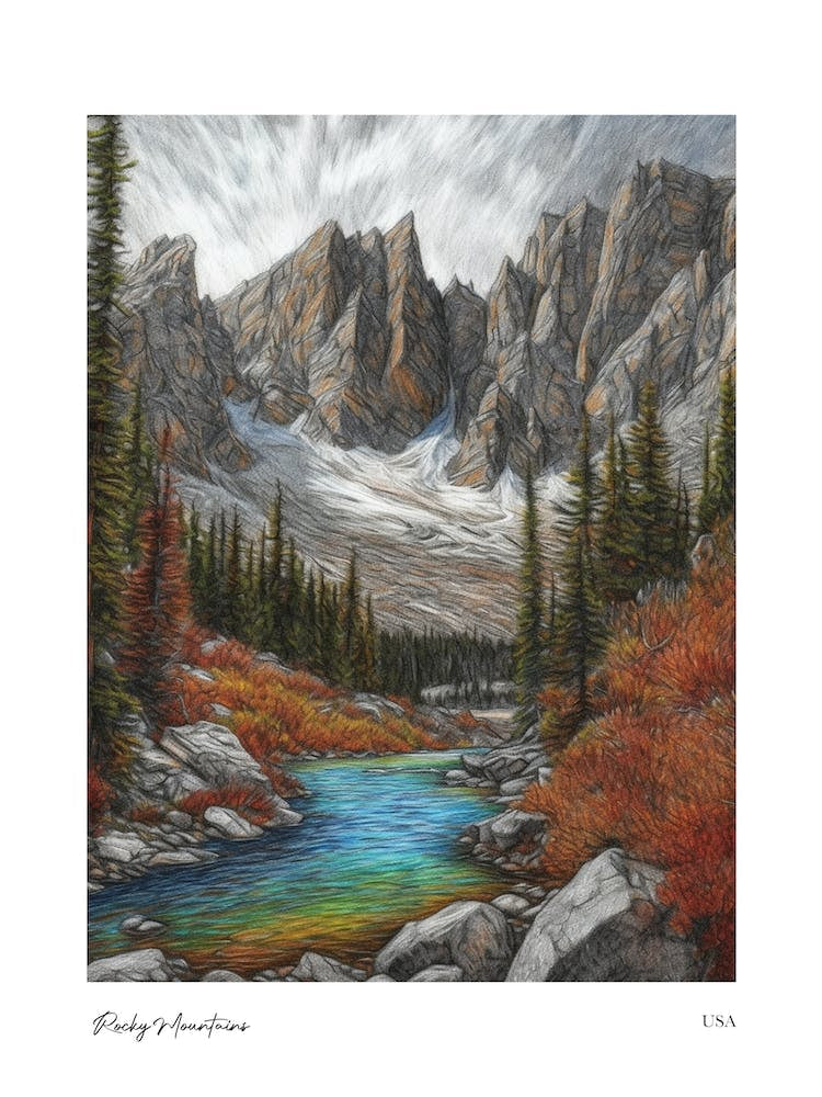 Rocky Mountains Usa Pencil Sketch 3 Watercolour Travel Poster