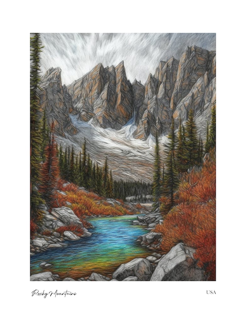 Rocky Mountains Usa Pencil Sketch 3 Watercolour Travel Poster