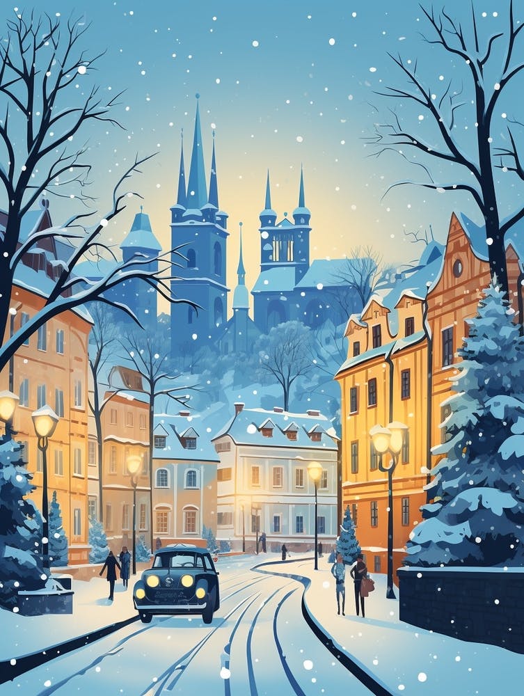 Winter Travel Night Illustration Prague Czech Republic 4