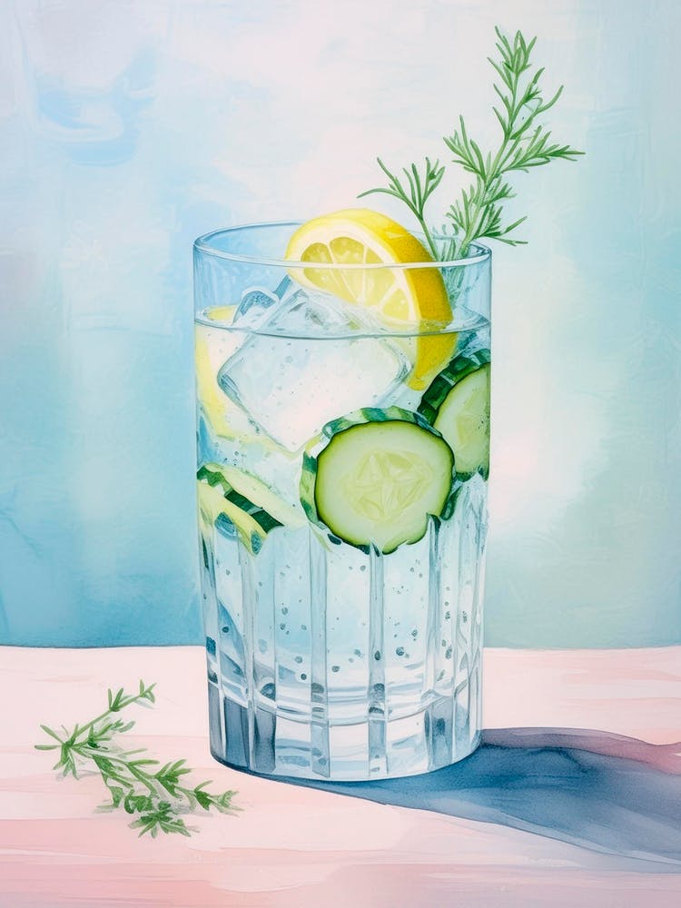 Delicious Summer Cocktail With Cucumber, Gin, Tonic, Lemon And Juniper Sprigs