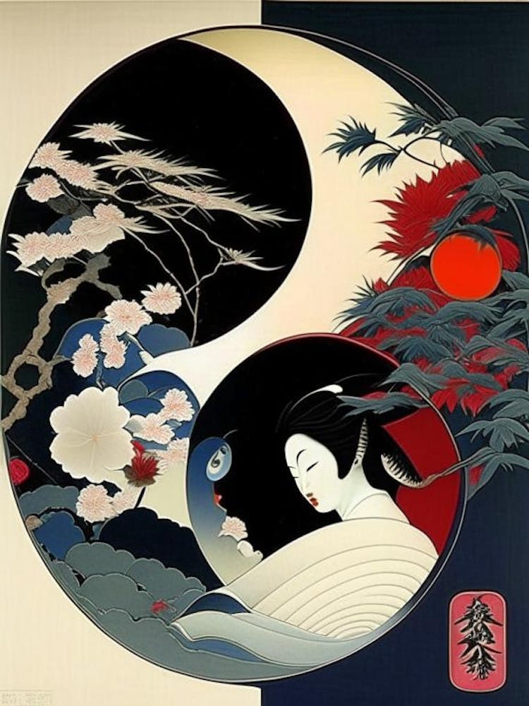 Repeat Abstract Yin and Yang Japanese Ukiyo E Style