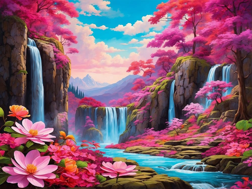 Waterfall In Pink Flowers