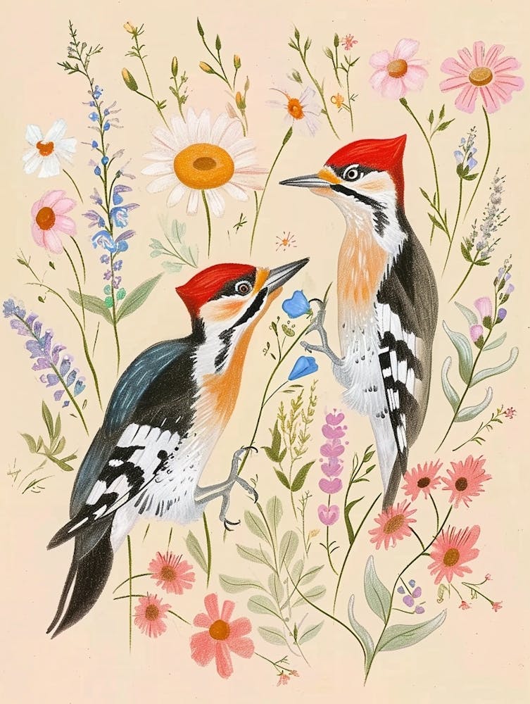 Folksy Floral Animal Drawing Woodpecker