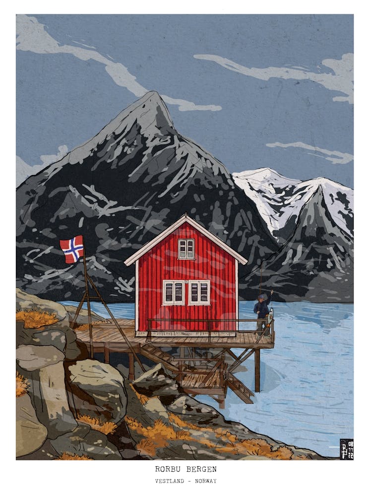 Bergen Norway - Fjord Landscape Wall Art - Norway Travel Print - Whimsical Fine Art, Norwegian Gifts & Souvenirs