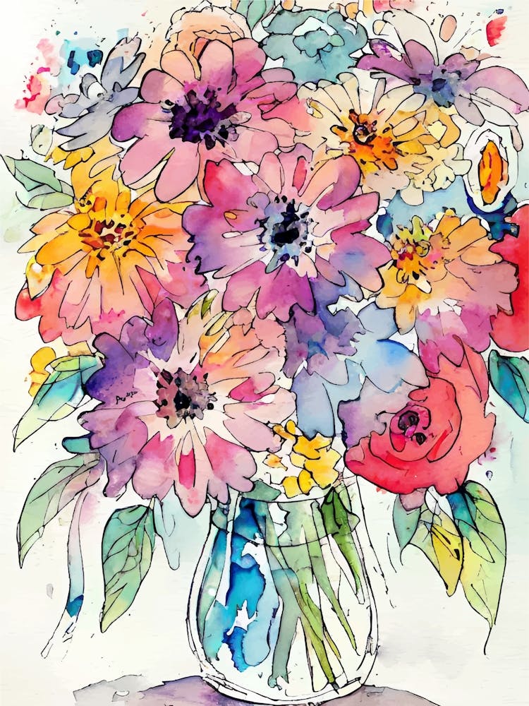 Watercolor Flowers In A Vase 1