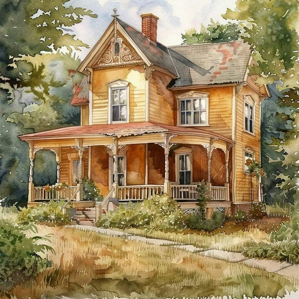 The Old Ranch Farmhouse Watercolor ~ Americana Vintage Wholesome Art Decor | Dreamy Idyllic