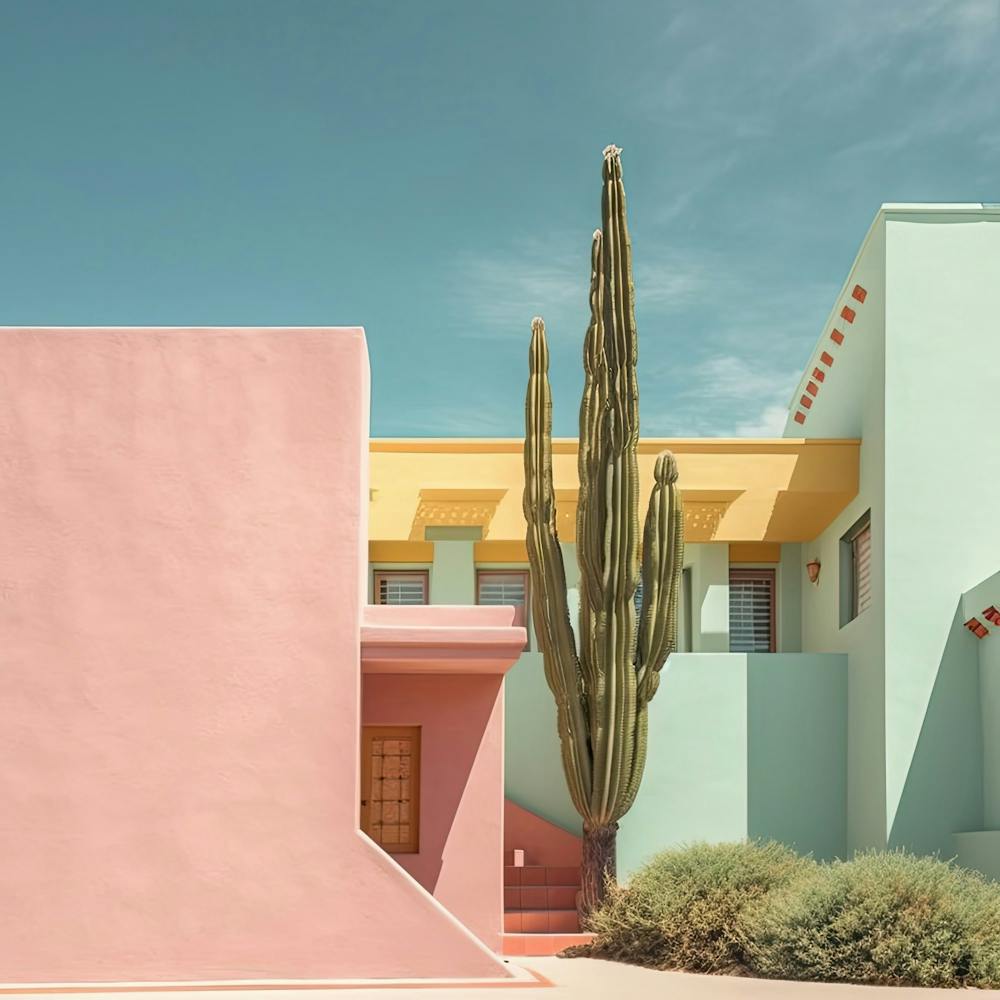 Candy Pastel Colour Houses And A Cactus Summer Photography