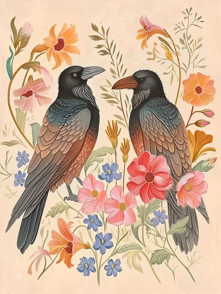 Folksy Floral Animal Drawing Raven 6