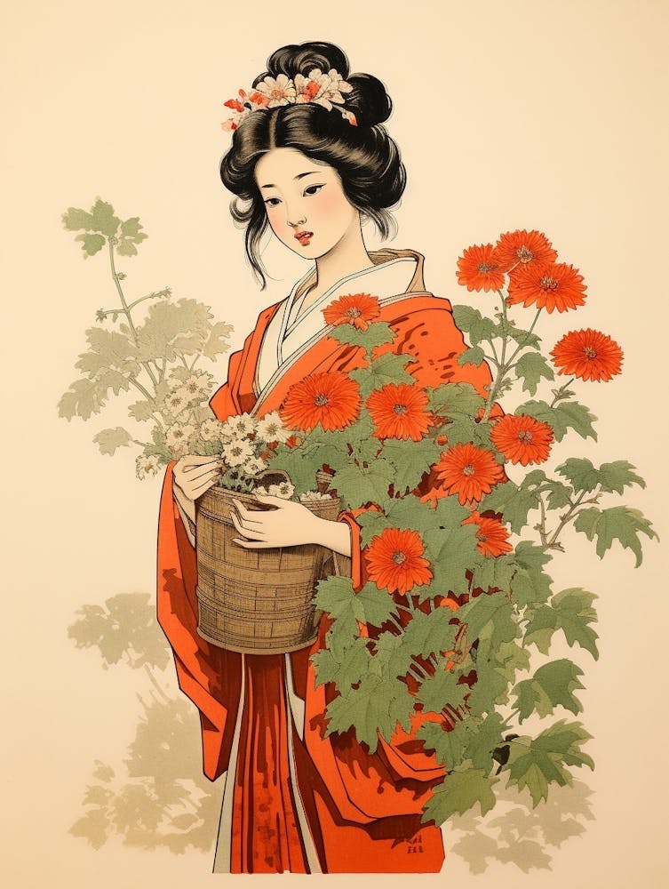 Hanagasa Japanese Florist Daisy Vintage Japanese Botanical And Geisha