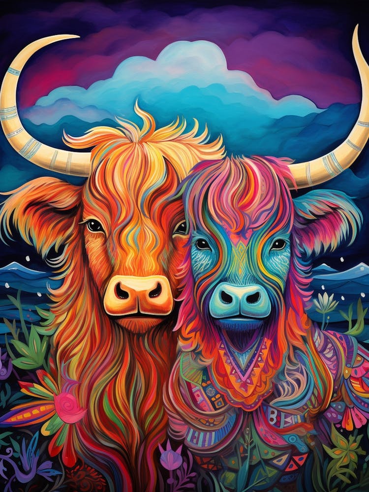 Two Highland Cows At Night Colourful Illustration