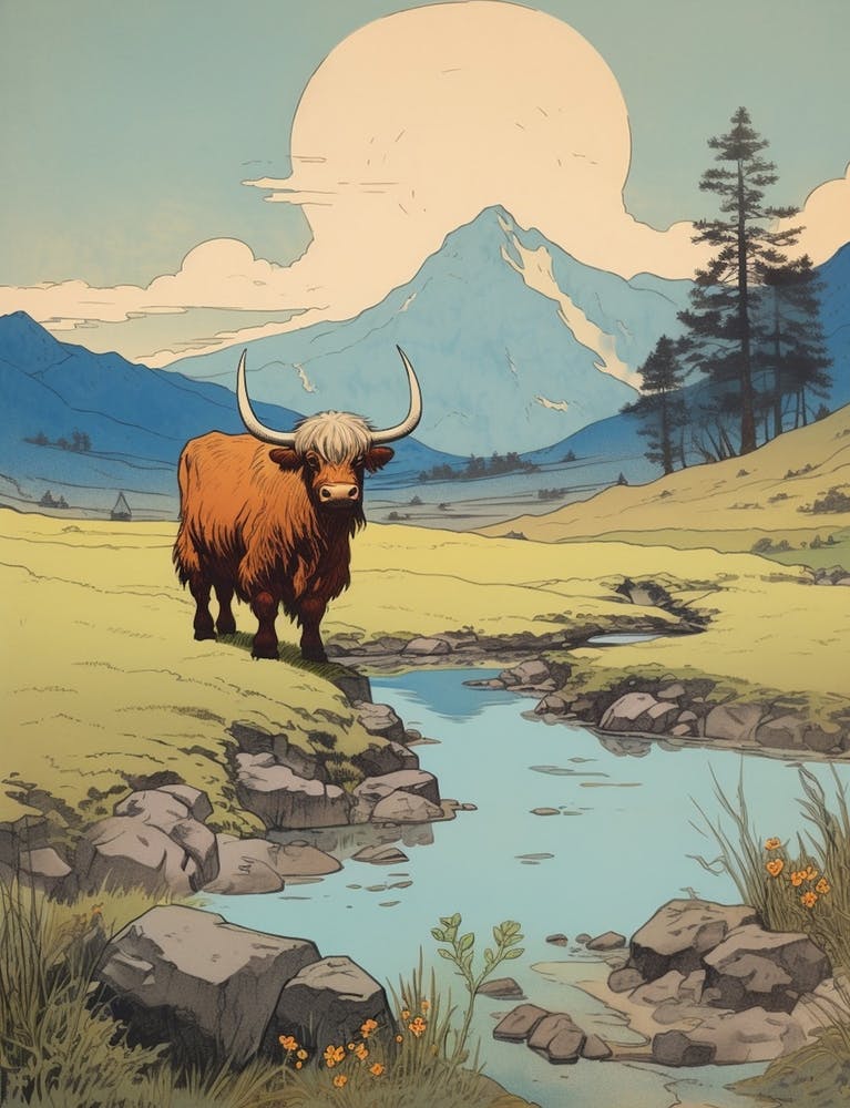 Highland Cow In The Distance With River