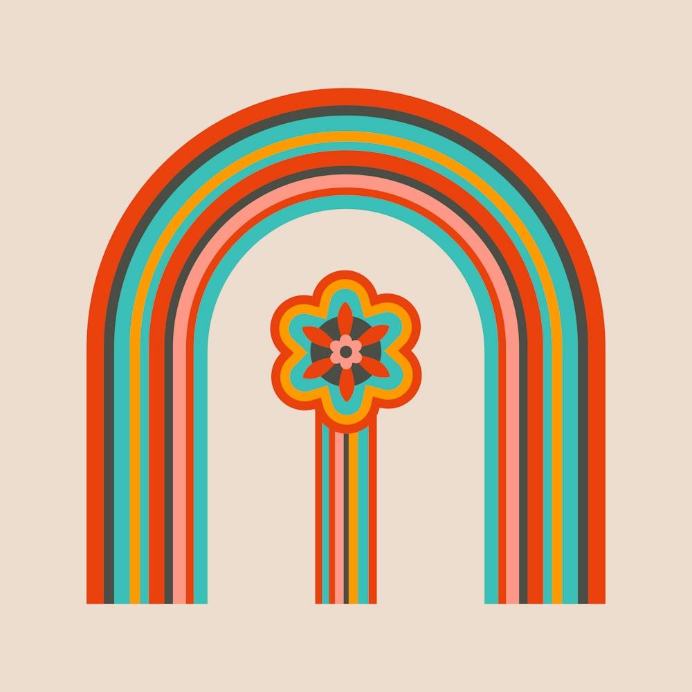 COLOURS OF THE RAINBOW Mid-Century Modern Scandi Folk Rainbow Floral in Vintage Retro Colours on Cream