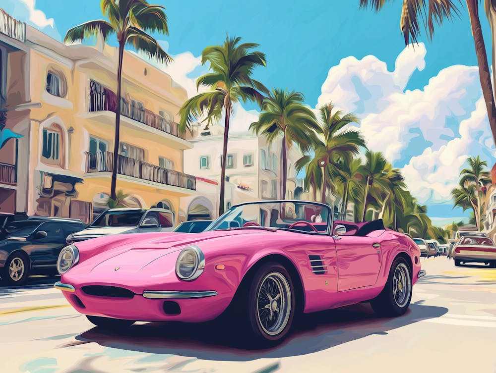 Pink Convertible Sports Car Is Driving Down The Street