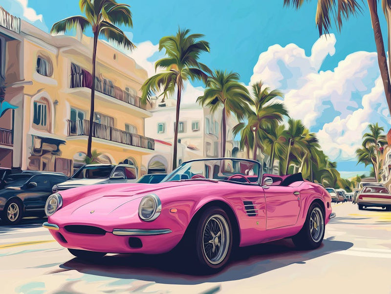 Pink Convertible Sports Car Is Driving Down The Street