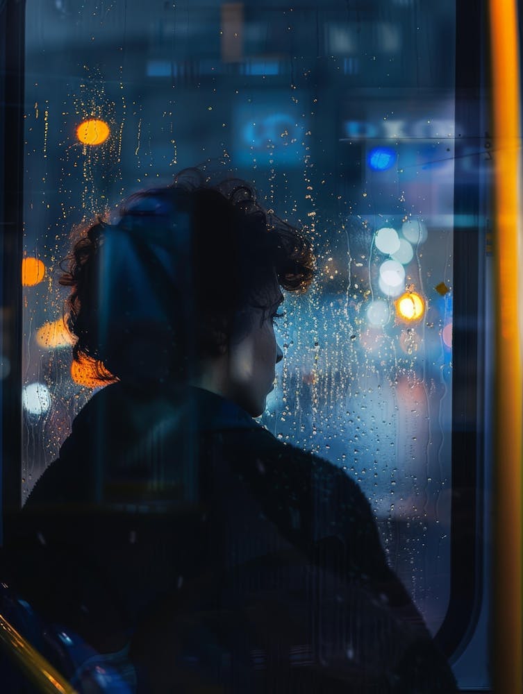 Portrait Of A Woman Looking Out Of A Bus Window