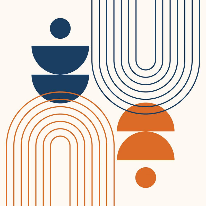 Mid Century Modern Geometric Abstract Rainbow, Sun and Moon Phases in Navy Blue Classy Burnt Orange