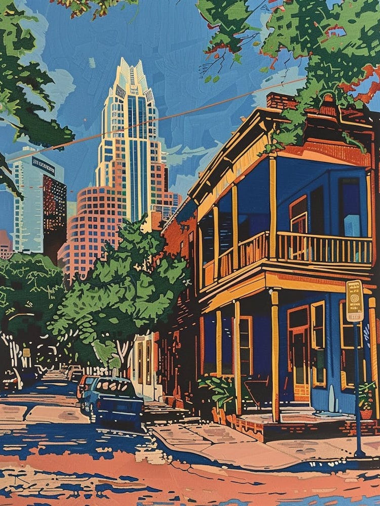 Rainey Street Historic District Austin Texas Colourful Blockprint 3
