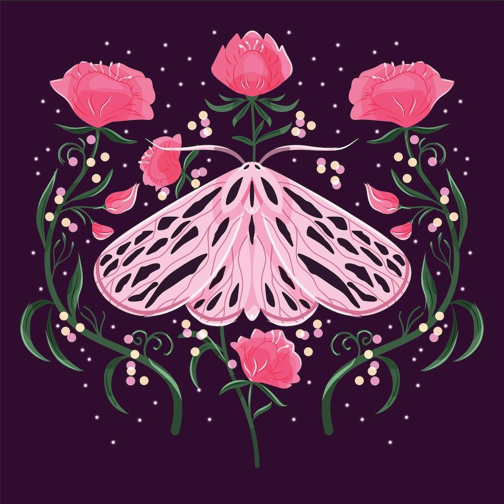 Rosa Motte auf Tiefpurpur mit Blumen Quadrat