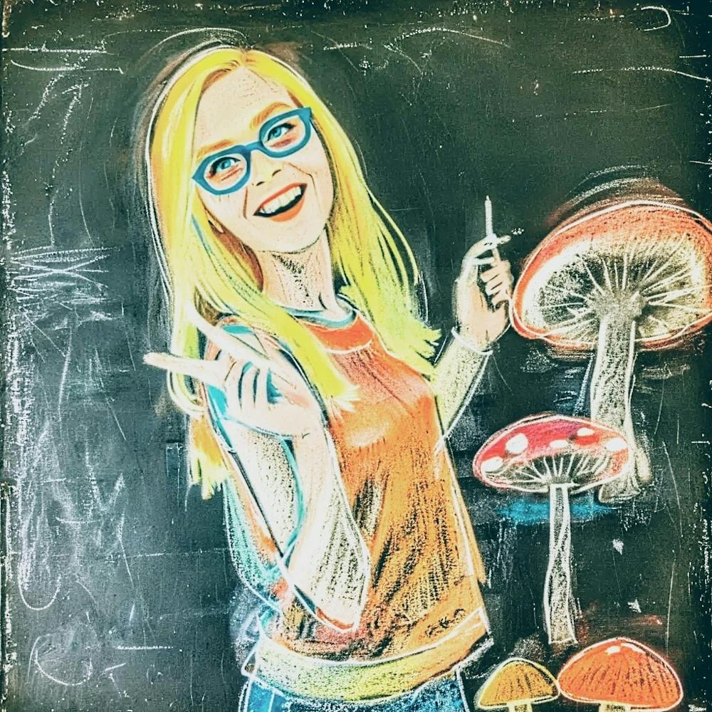 Chalk Drawing Of A Girl tripping With Mushrooms.