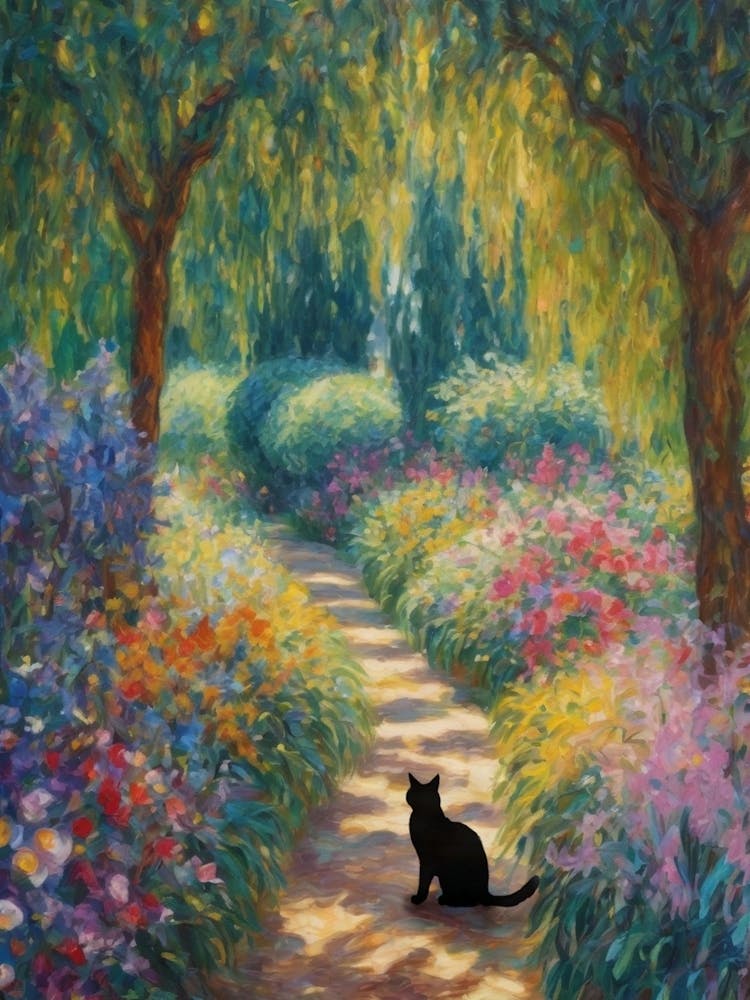 Black Cat in Monet's Garden Giverny - Willow Trees Botanical Matisse Klimt Claude Monet Art Dappled Sunlight Print for Feature Wall Decor in HD