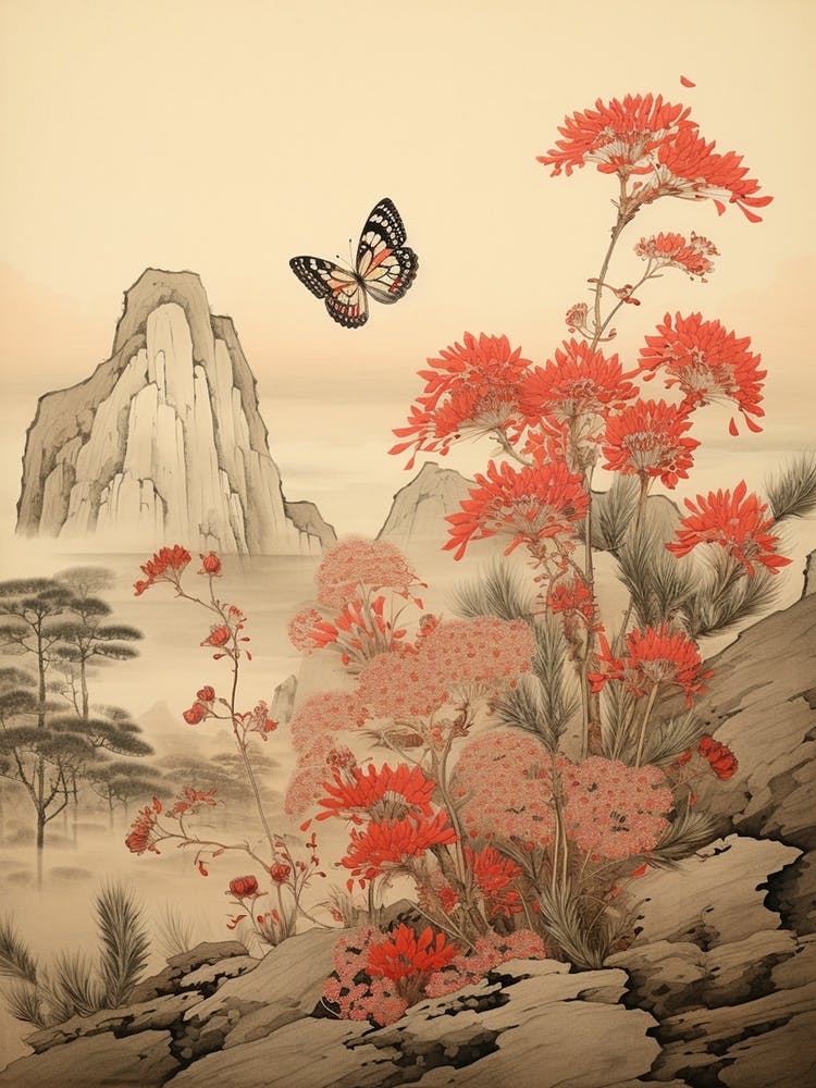 Red Flowers & Butterflies Japanese Style Painting 2