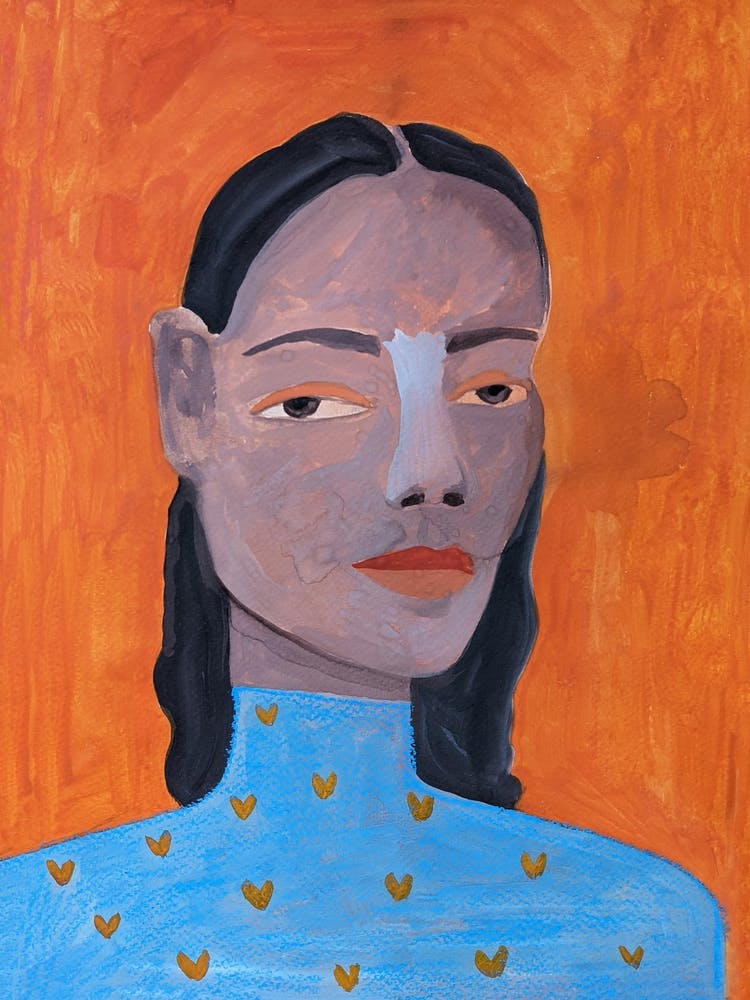 Acrylic painting of a woman in a blue sweater on an orange background