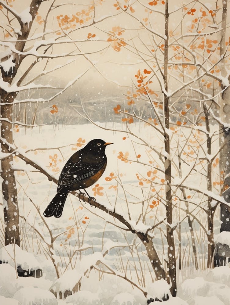 Winter Bird Painting Blackbird 3
