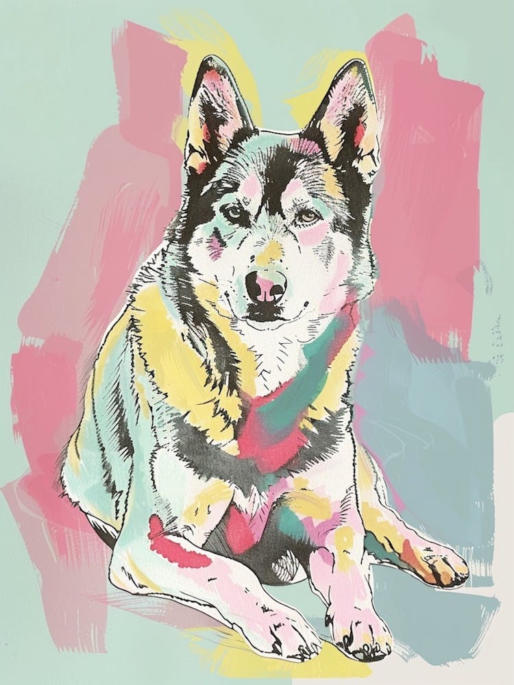 Alaskan Malamute Pastel Line Watercolour Illustration  3