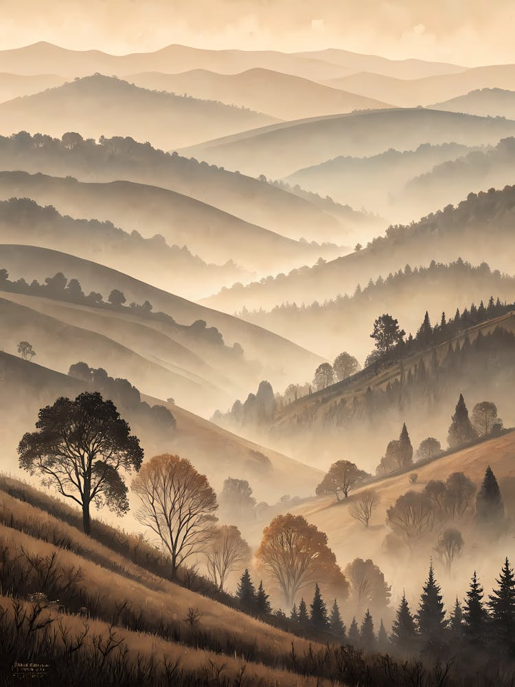 Oil Painting Style Foggy Hills In Layered Neutral