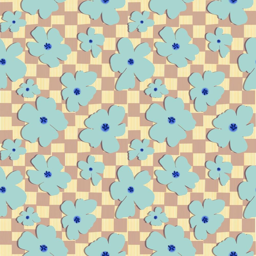 Baby Blue Floral with Taupe Checkers  70's Vibes