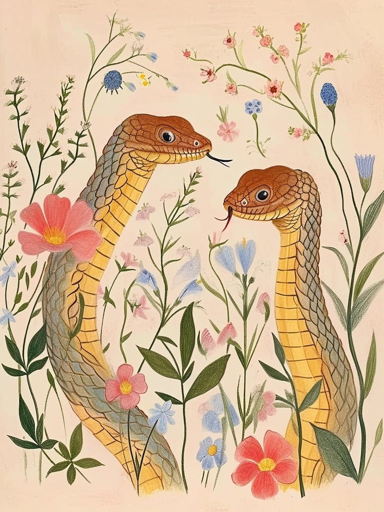 Folksy Floral Animal Drawing Snake 2