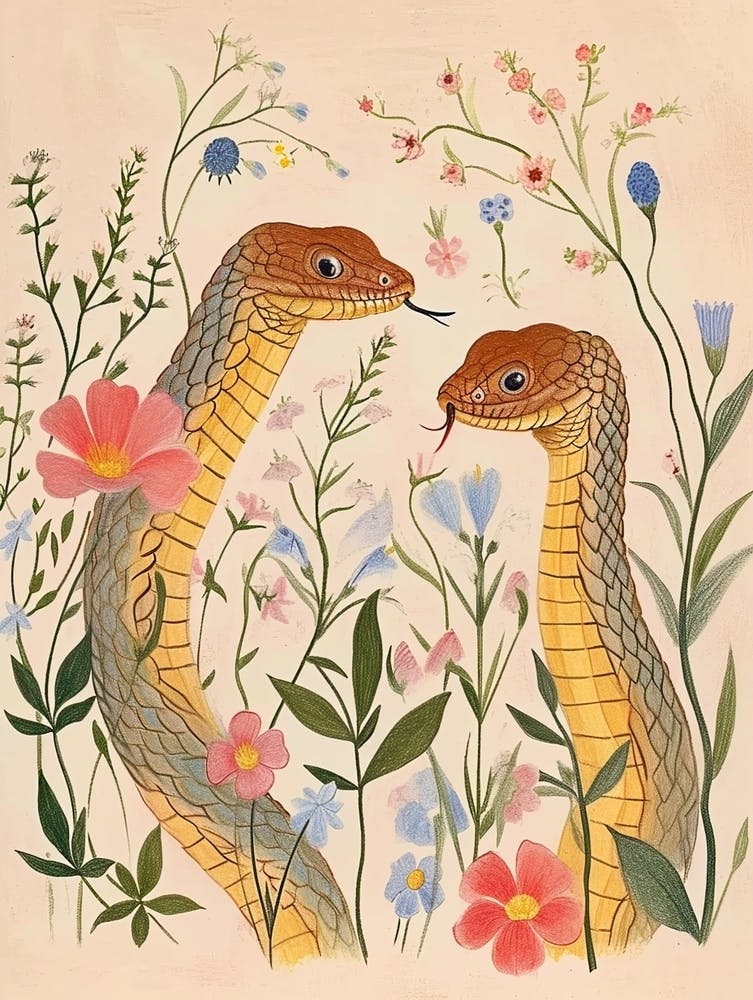 Folksy Floral Animal Drawing Snake 2