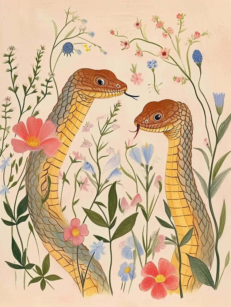 Folksy Floral Animal Drawing Snake 2