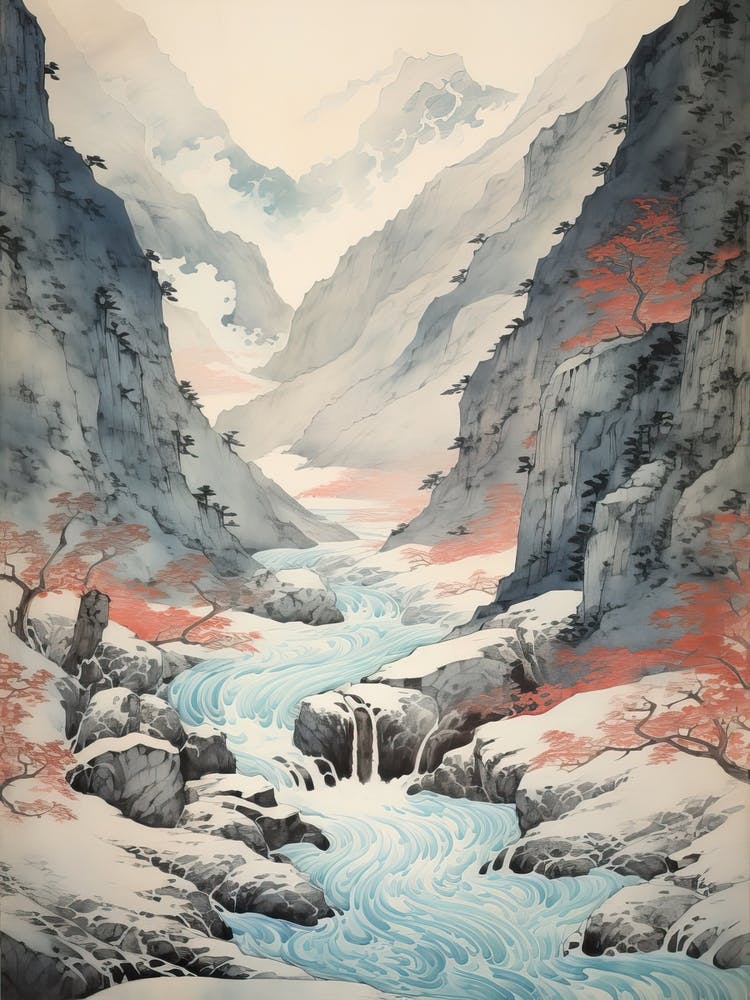 Sounkyo Gorge In Hokkaido, Ukiyo E Drawing 1