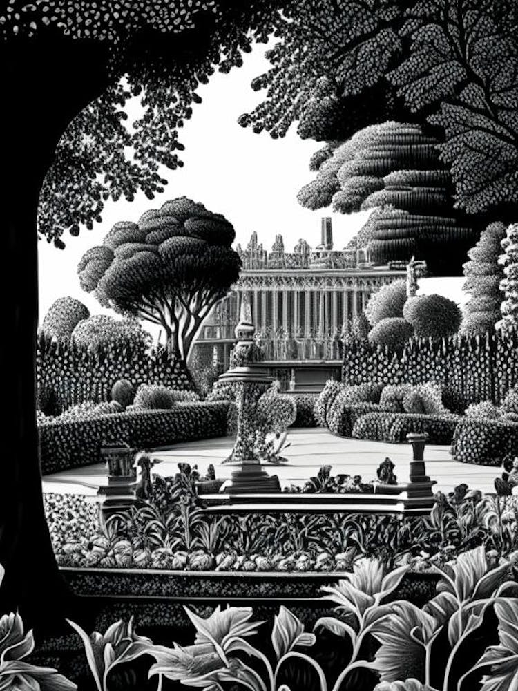 Jardins de Versailles, France Linogravure Noir Et Blanc Vintage
