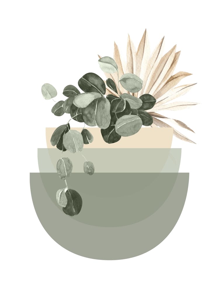 Boho Botanical Art, Sage Green and Beige Abstract, Eucalyptus and Palm Leaves 1