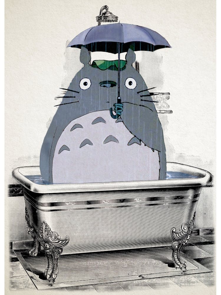 Totoro in the Shower - Japanese Print - Studio Ghibli Mashup