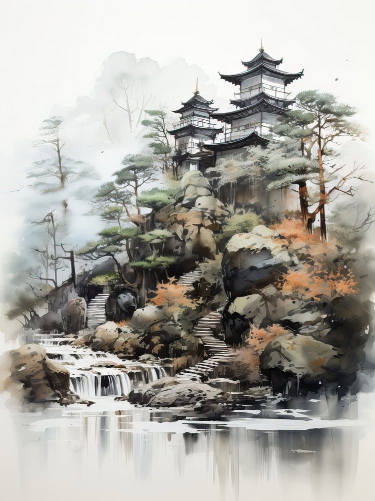 Ise Grand Shrine In Mie, Japanese Brush Painting, Ukiyo E, Minimal 2