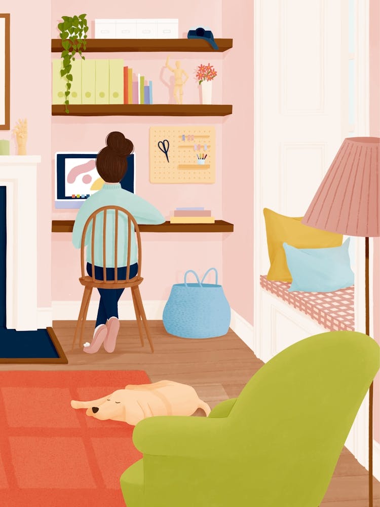Illustration Of Woman Working in Home Office