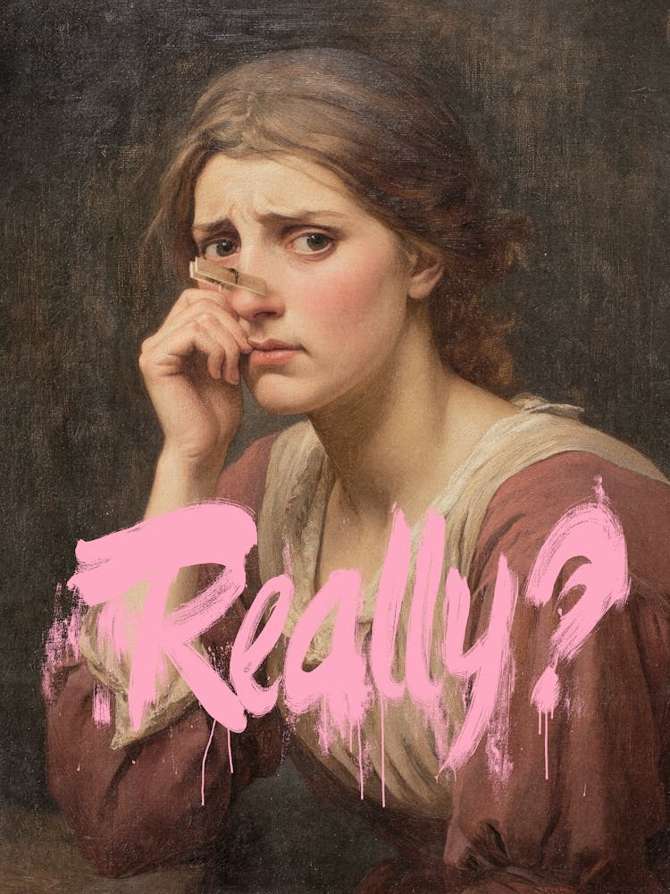 Funny Bathroom Art Classical Portrait of Victorian woman with Nose Pinch With Bold Typography for Bathroom Decor, Vintage Woman Holding Her Nose Classical Bathroom Humor Poster 1