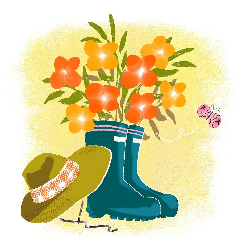 Yellow And Orange Flowers In Gardening Boots Square