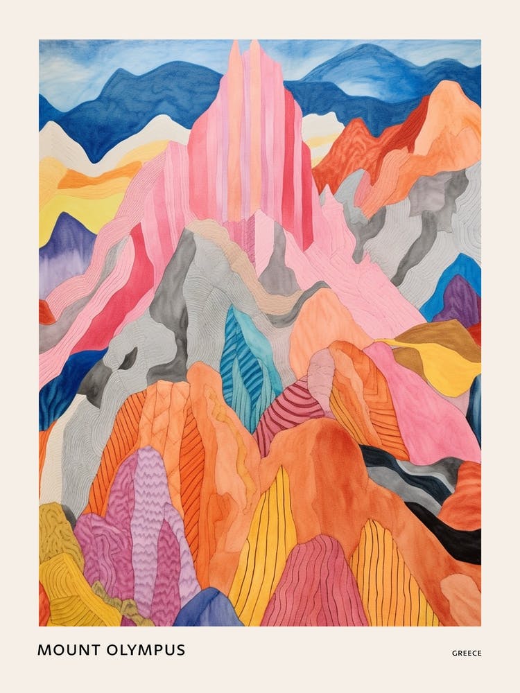 Mount Olympus Greece 3 Colourful Mountain Illustration Poster