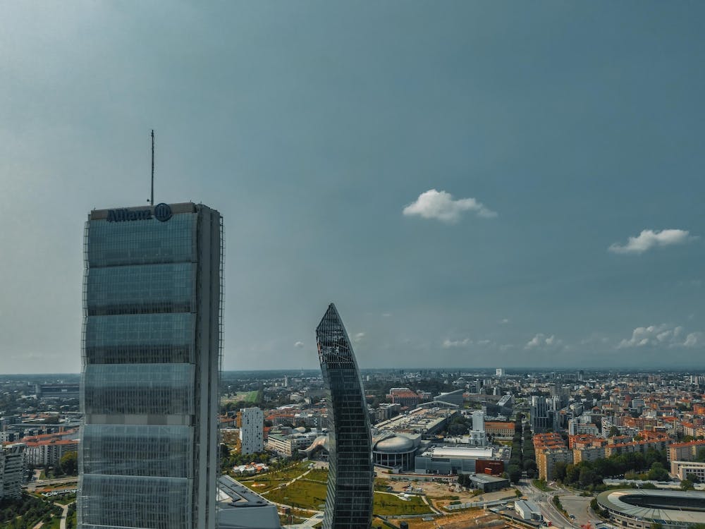 Luftaufnahme von City Life Milano, Drei Türme, Vogelperspektive, Drei Türme, Vogelperspektive