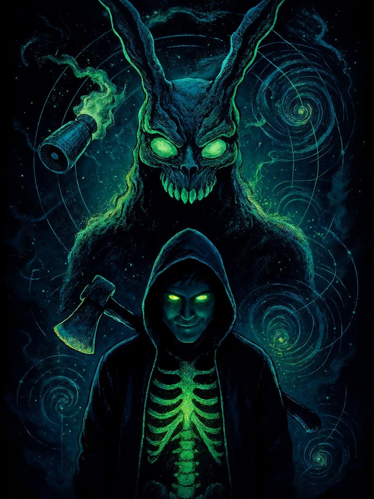 Donnie Darko Frank the Rabbit Art: Step into the eerie world of Donnie Darko with this neon green poster featuring Frank the creepy rabbit. Blending horror, time travel, and comic-style darkness, this tribute to the cult film starring Jake Gyllenhaal brings a haunting twist to your cinema-themed wall art.