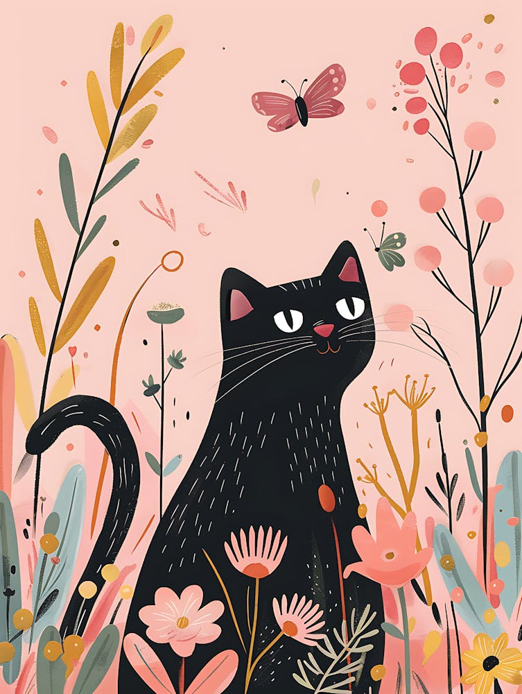 Black Cat In Flowers 2