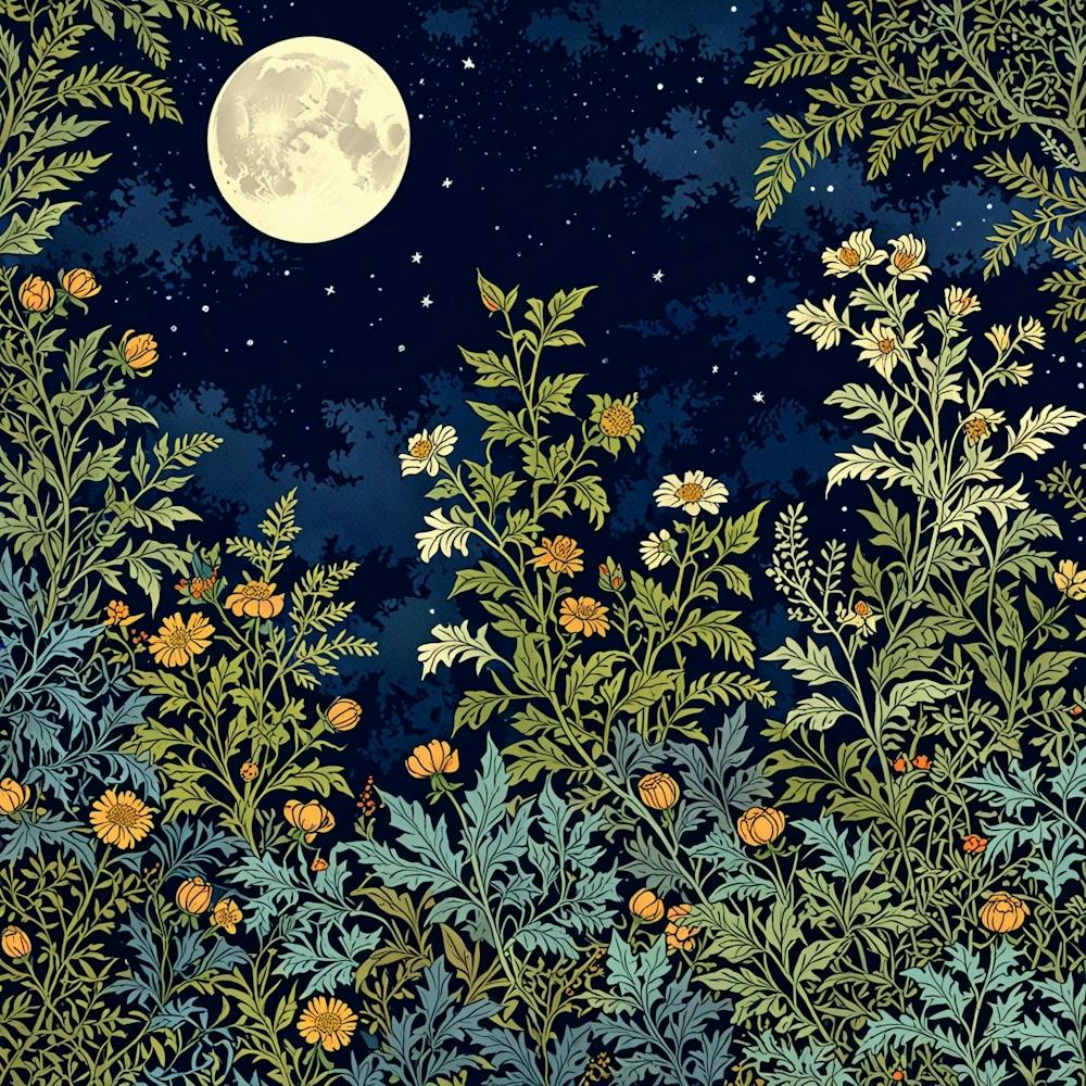Night Sky With Flowers And Moon