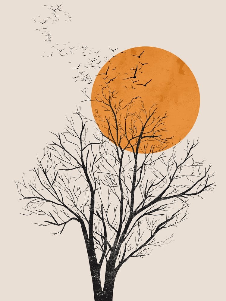 Abstract Tree, Birds and Orange Sun